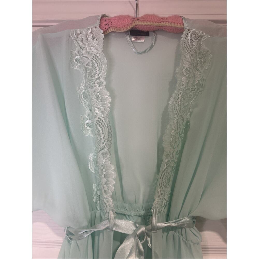 VTG Cinema Etoile Seductivewear Mint Green Chiffon Lace Trim Robe EUC - Picture 2 of 11